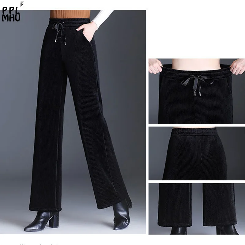 

Elegant Lace Up Loose Fleece Pantalon Thick Warm Elastic High Waist Mom Trousers Oversize 3xl Winter Velvet Wide Leg Pants Women