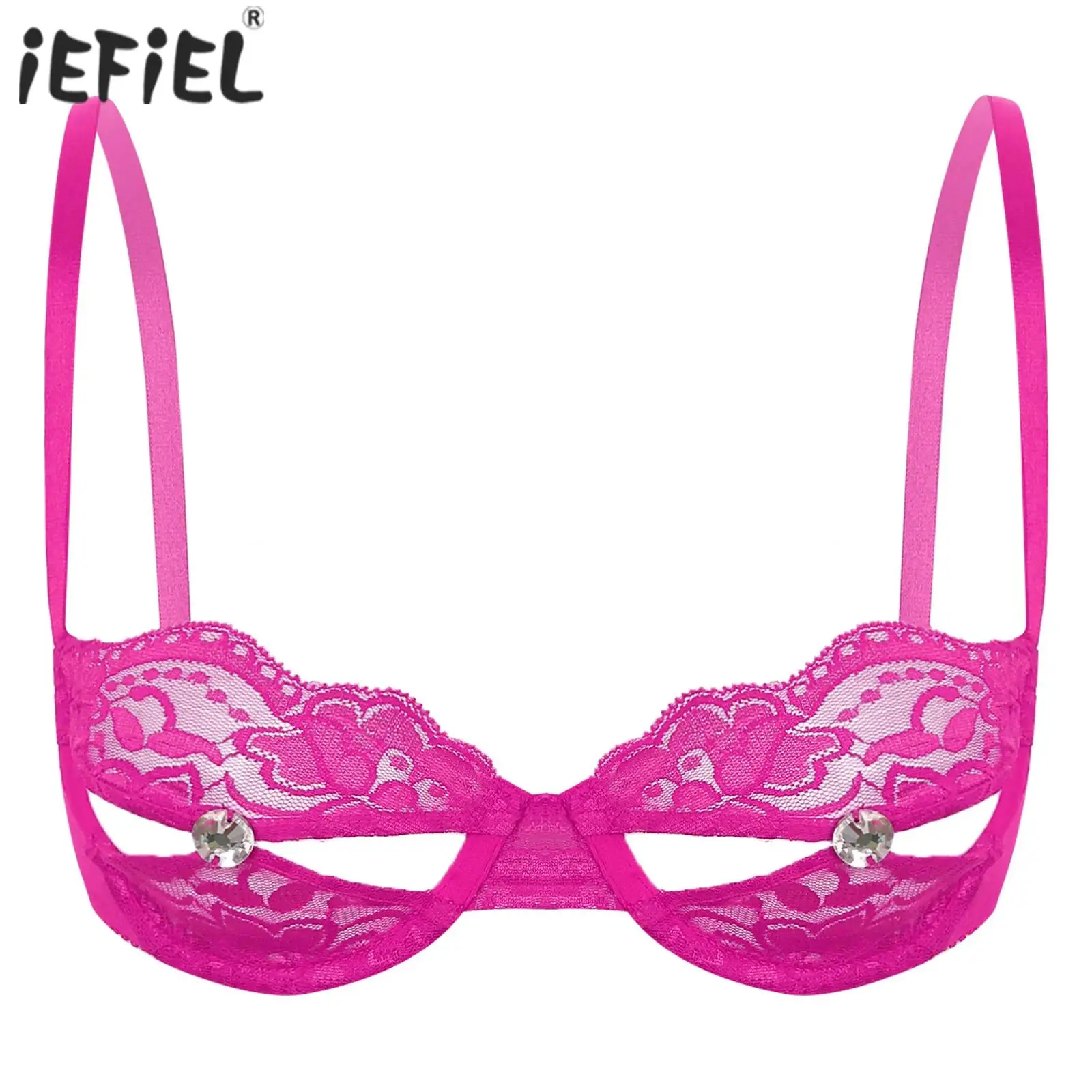thumbnail image 2 of Sujetador sin forro con pezón abierto y diamantes de imitación brillantes para mujer, lencería transparente de encaje Floral, ropa interior con sujetador de media copa de realce, 2 of 5