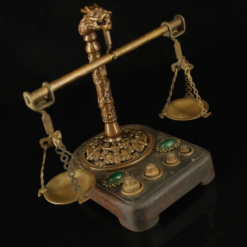 

Antique crafts create gemstone inlaid brass dragon balance scale decorations