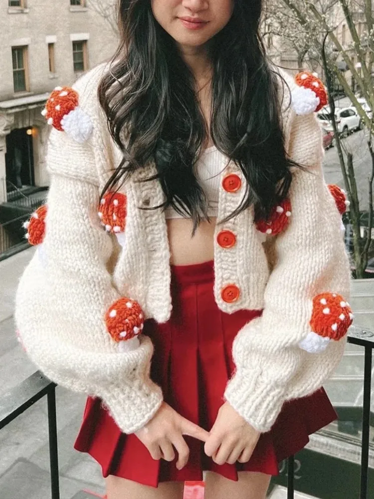 2022 Autumn Winter Sweet Cute Handmade Mushroom Sweater Women Loose V-Neck Casual Short Knit Cardigan Jacket Female Coat 6