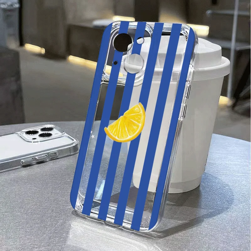 Stylish Blue Striped Yellow Lemon Printed Phone Case - Clear Soft Cover