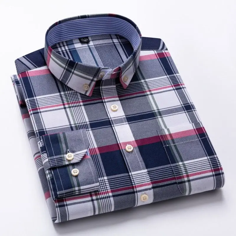 Men's Oxford cotton shirt with plaid stripes, long sleeved pockets, casual shirt, regular style, button up shirt size S~7XL