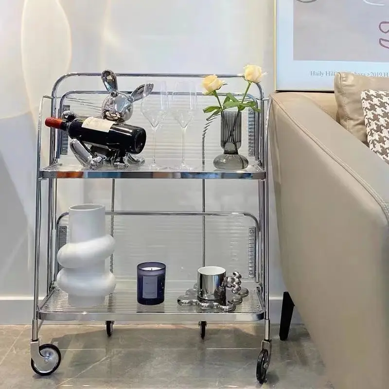 Medieval Style Cart Movable Folding Cart Wine Transparent Glass Storage Trolley Wheel Kitchen Sofa Side Table