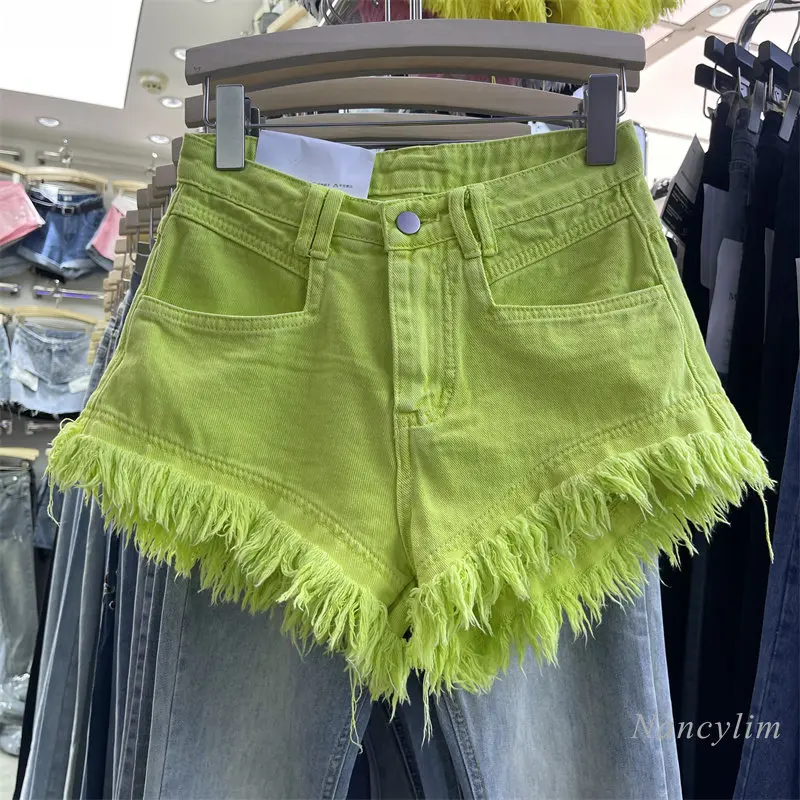 

2023 Summer Y2k Shorts Women Green Denim Shorts New Ins Sexy Hot Girl Ripped Tassel A- Line Wide Leg Hot Pants Roupas Femininas