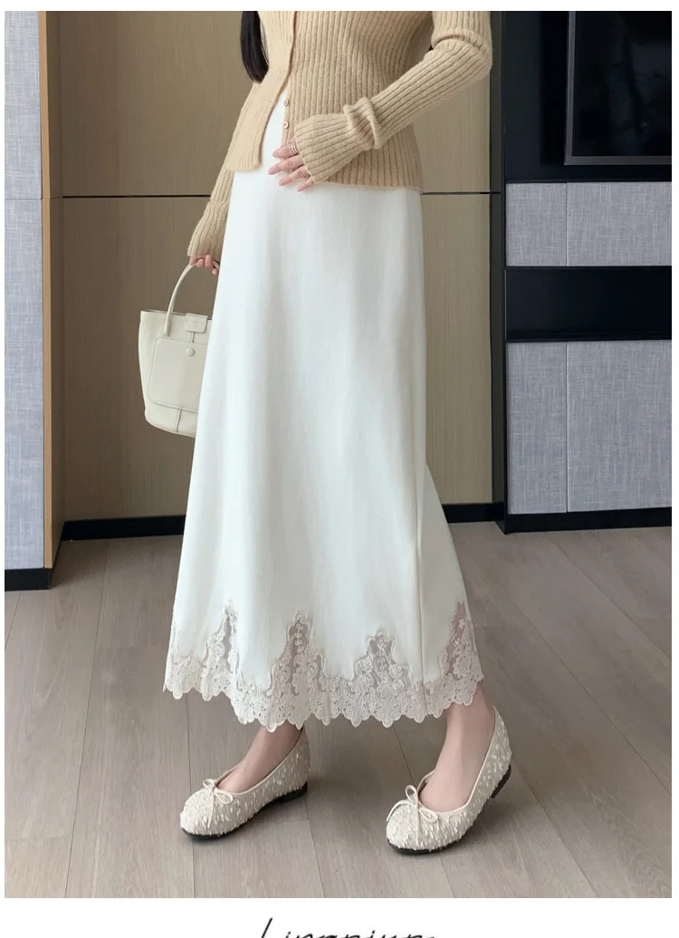 Autumn Winter Lace Patchwork Maternity Clothing High Quality Slimming Slit Knitted Skirt for Pregnant Women Youth Pregnancy