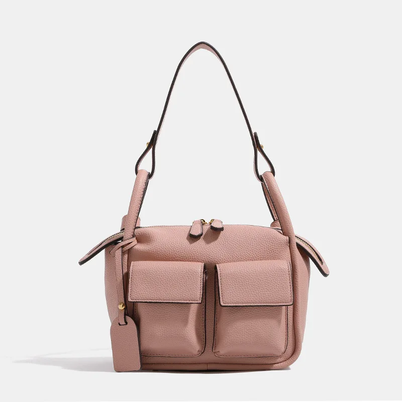 Maxdutti Italian Fashion Leather Bag Candy Color Pocket Bag Women Retro Large Capacity Tote Bag Commuter Leisure Single Shoulder