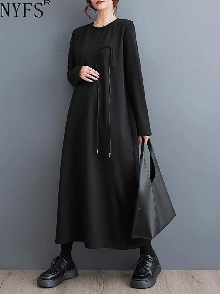 

Женское офисное платье NYFS, Свободное длинное черное платье с длинным рукавом, Осень-зима 2023