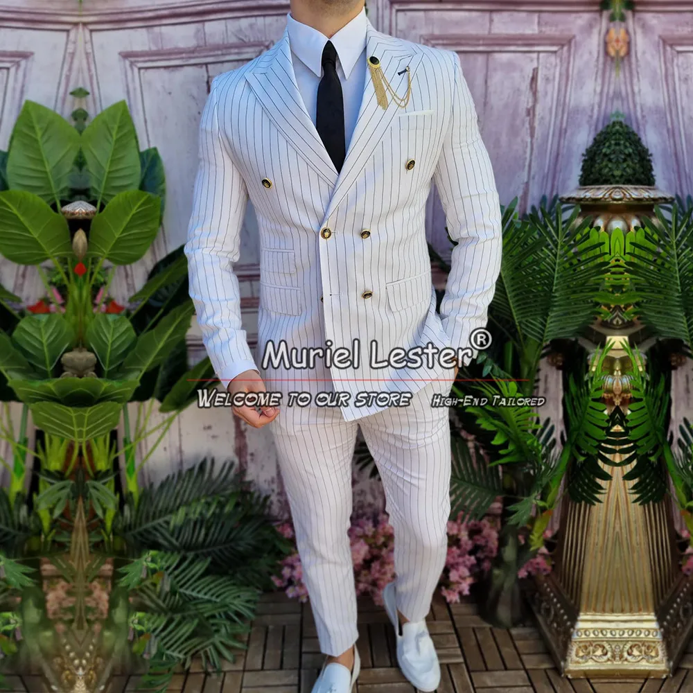 

Мужской деловой костюм в белую полоску, двубортный пиджак, брюки, смокинг для жениха на свадьбу, индивидуальное мужское модное платье