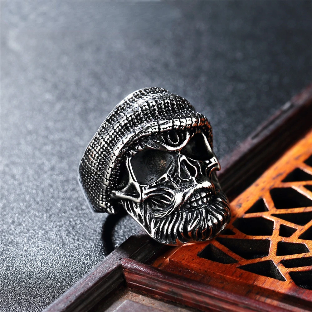 Megin D Stainless Steel Titanium Vintage Retro Skull with Hat Hip Hop Punk Rings for Men Women Couple Friends Gift Fashion Jewel