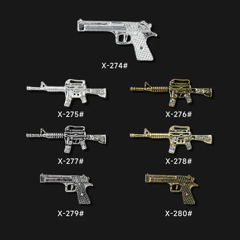 

50PCS Punk Weapon: Retro Firearms Jewel Vintage Shooting Gun Nail Charms Diamonds Pistols Machine Manicure Wholesale Accessories