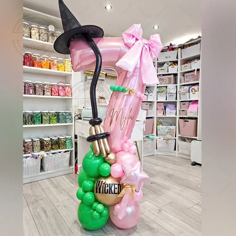 51-teiliges Hexenhut- und Besen-Set in Rosa mit Nummern 1-9 Geburtstagsparty-Dekorationen Folienballons für Partyraum-Dekoration