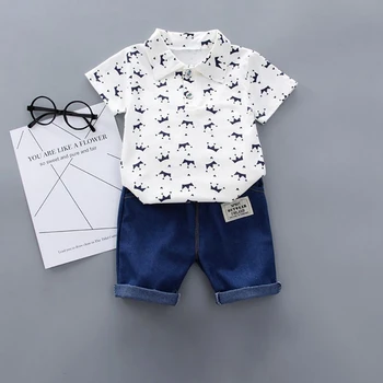 2Pcs Children Clothing for Boy 1-4Y Crown Print Shirt+Jeans Short Summer Cotton Soft Kids Set Toddler Casual Outing Fashion Suit 3