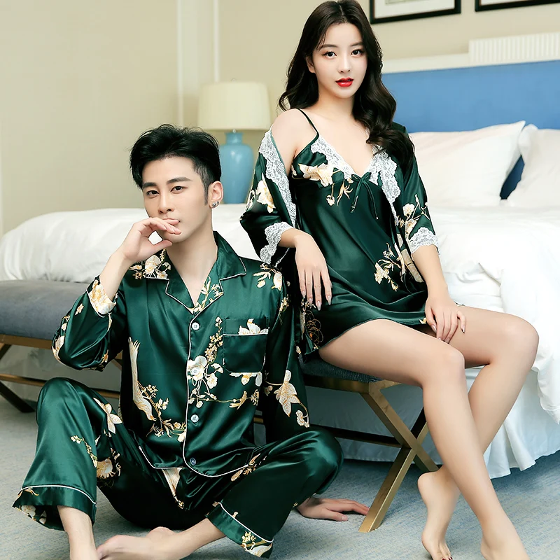 2024 new couple ice silk pajamas spring long-sleeved men's trousers silk pajamas women's bathrobes suspenders home clothes