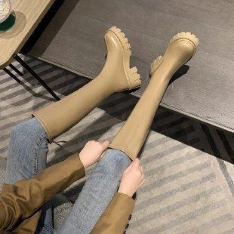 2023 New Platform Women's Boots PU Leather Ladies Zipper Rider Platform Flats Fashion Winter High Heels Knee Boots