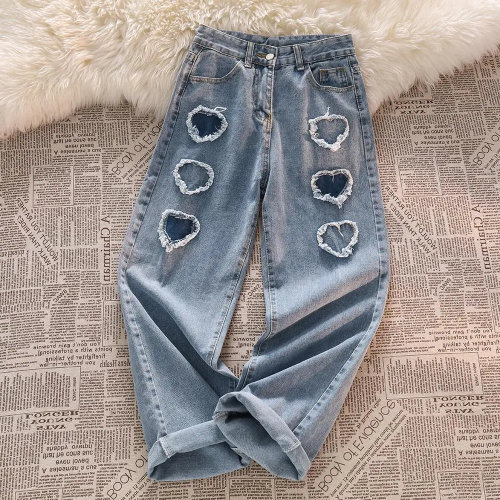 ICCLEK Embroidered Jeans Autumn New Style High Waist Loose Jeans Stitching Pants Straight Wide Leg Pants Distressed Jeans