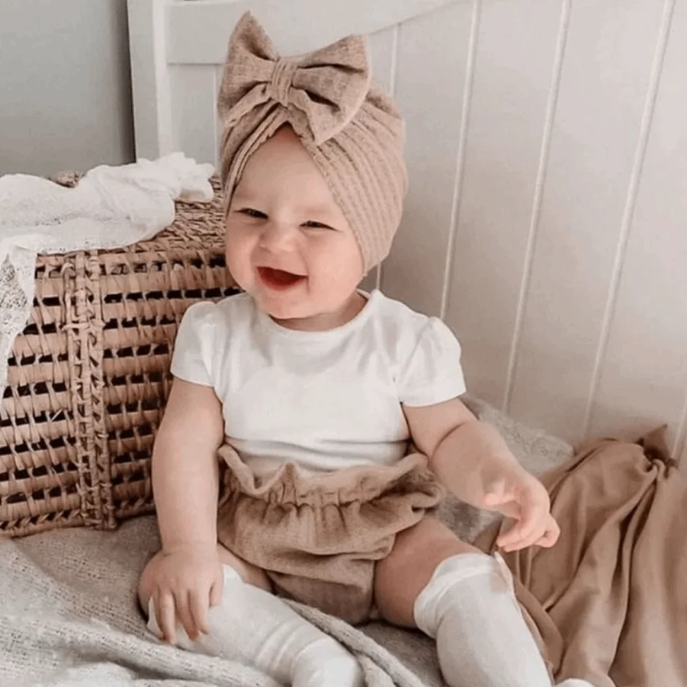 3Pcs/Set Headwear Bow Baby Hat Socks Set 0-12 Months Solid Color Baby Fetal Cap Elastic Windproof Newborn Turban Hat Toddler