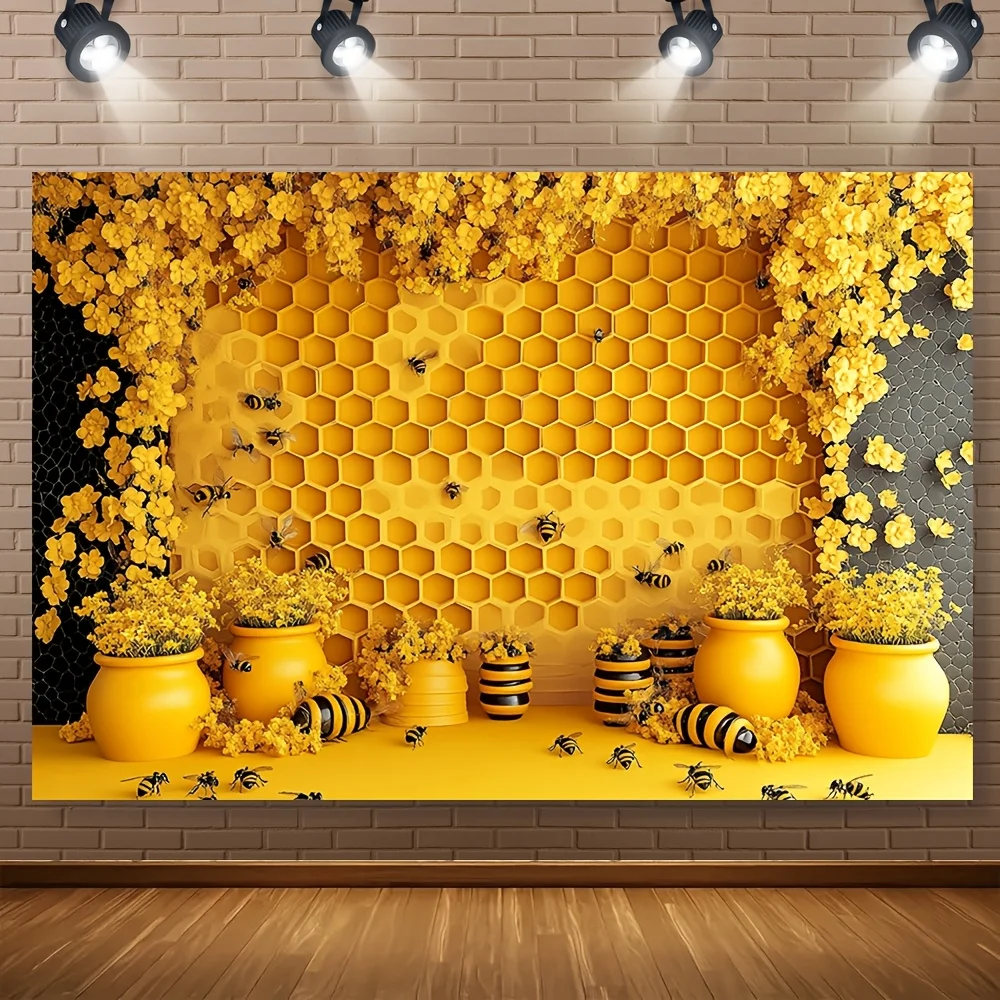 Vibrant yellow honeycomb photography backdrop featuring a detailed honeycomb wall pattern with flying bees, blooming yellow flowers, and honey pots for party photo booths.