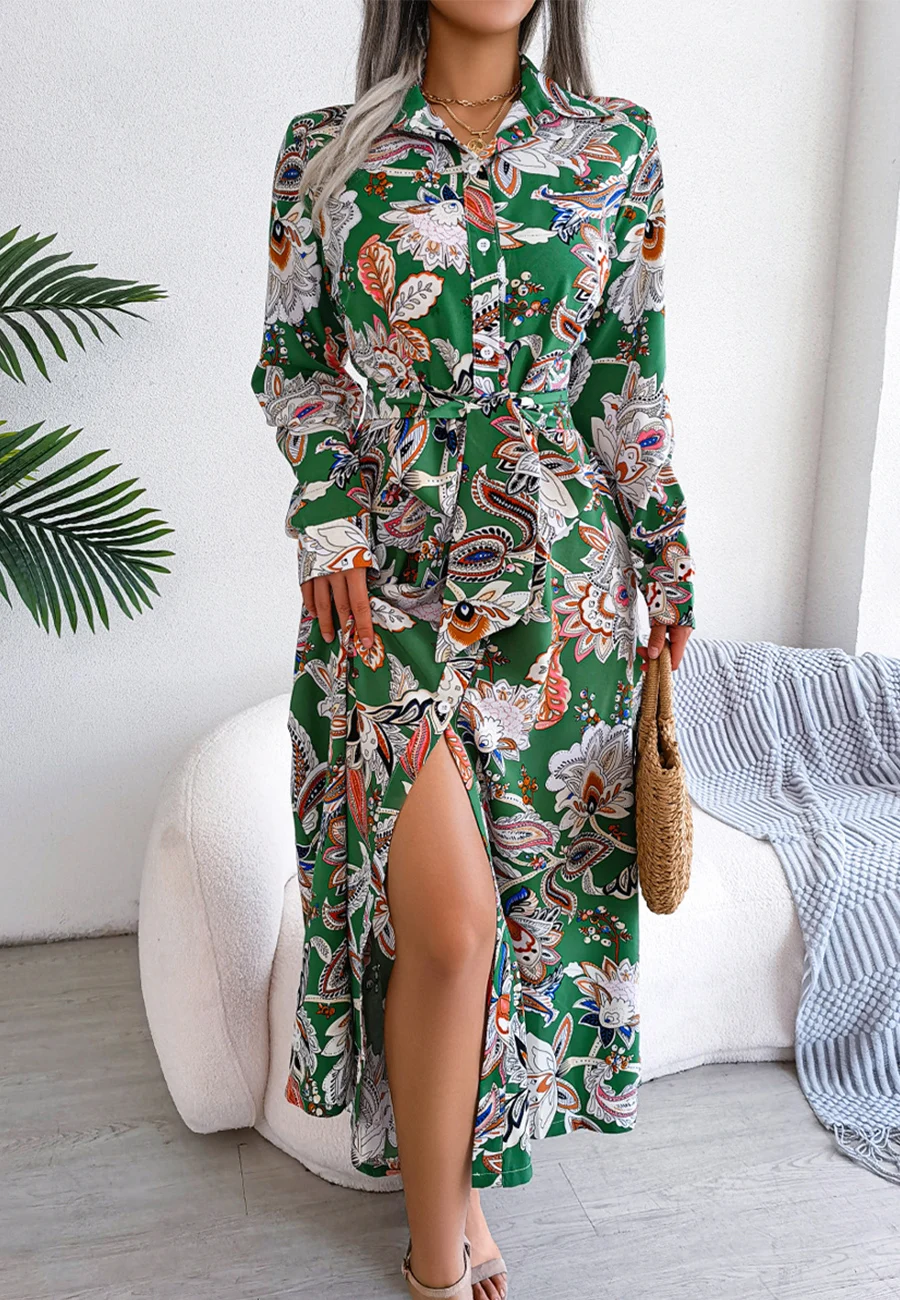 

Botanical Print Belted Waist Dress
