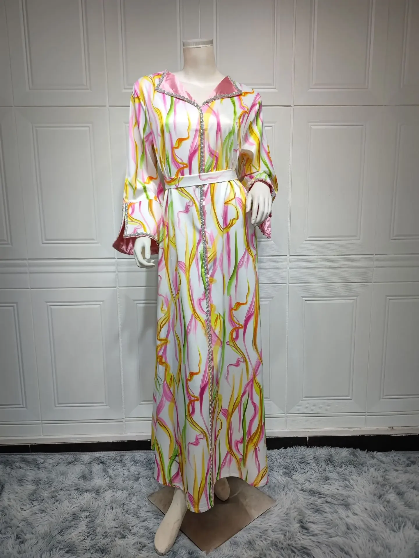 Women Abaya Muslim Fashion Printing Luxury Diamonds Belted Dress Turn-down Collar Long Dresses Ramadan Jalabiyat 2023