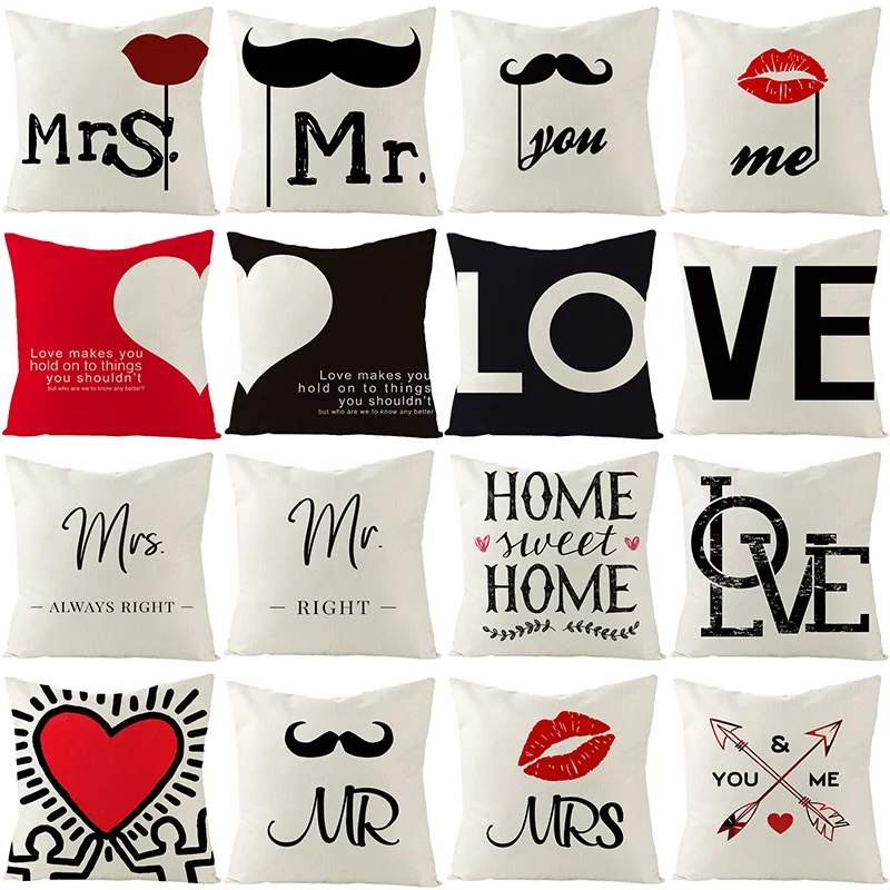 

Romantic Lovers Pillowcase Mr Mrs Linen Pillow Case 45x45 Home Decor Ornamental Pillows for Living Room Bed Sofa Cushion Cover