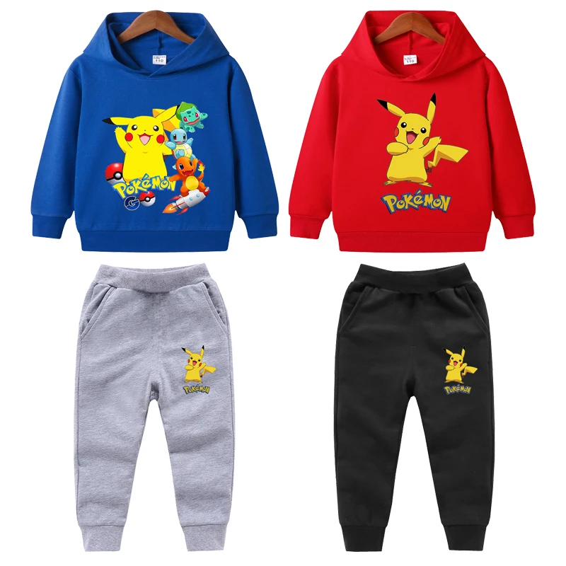 1-8 Years Kids Pokemon Hoodie Set Baby Girls Boys Spring Hoodies + Pants Sets Baby Cartoon Sweatshirts Set Children Clothing