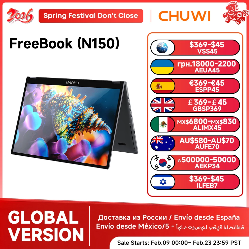 CHUWI FreeBook Laptop Intel N150 Quad Core 16GB LPDDR5 512G SSD