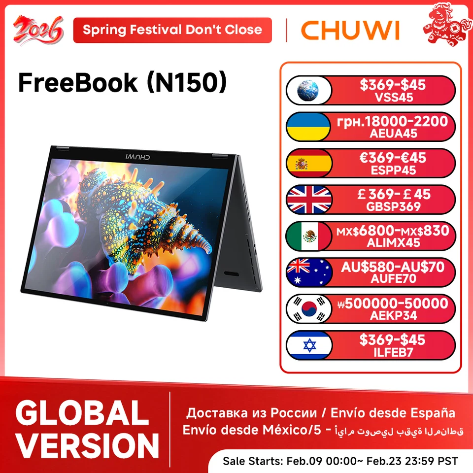 CHUWI FreeBook Laptop Intel N150 Quad Core 16GB LPDDR5 512G SSD