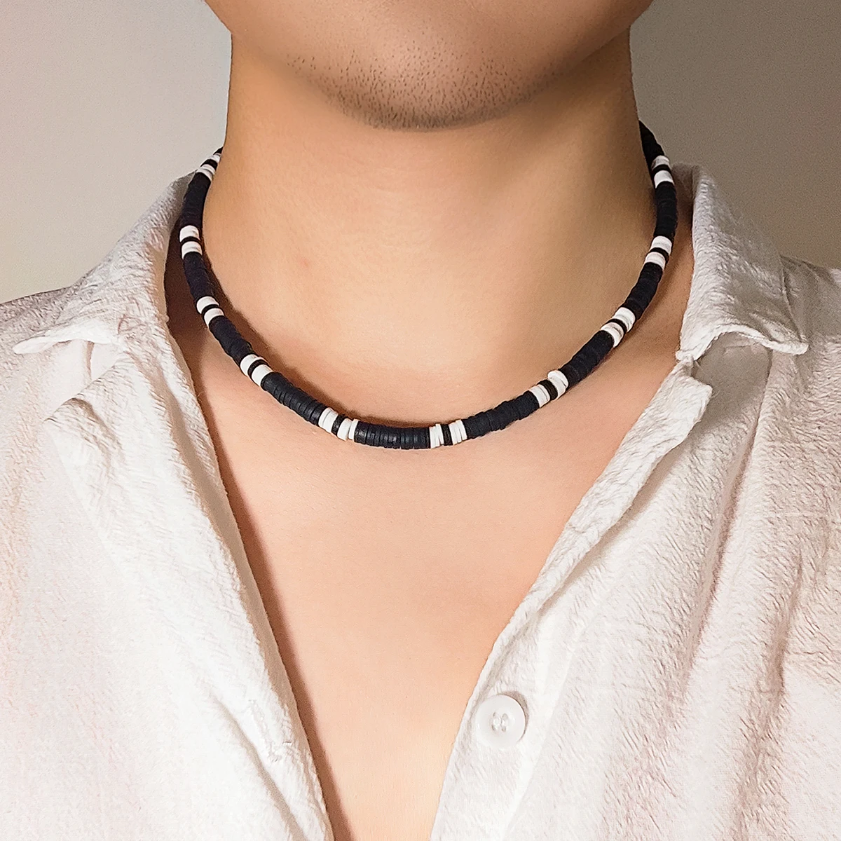 Buy the Mens White and Black Polymer Beaded Necklace