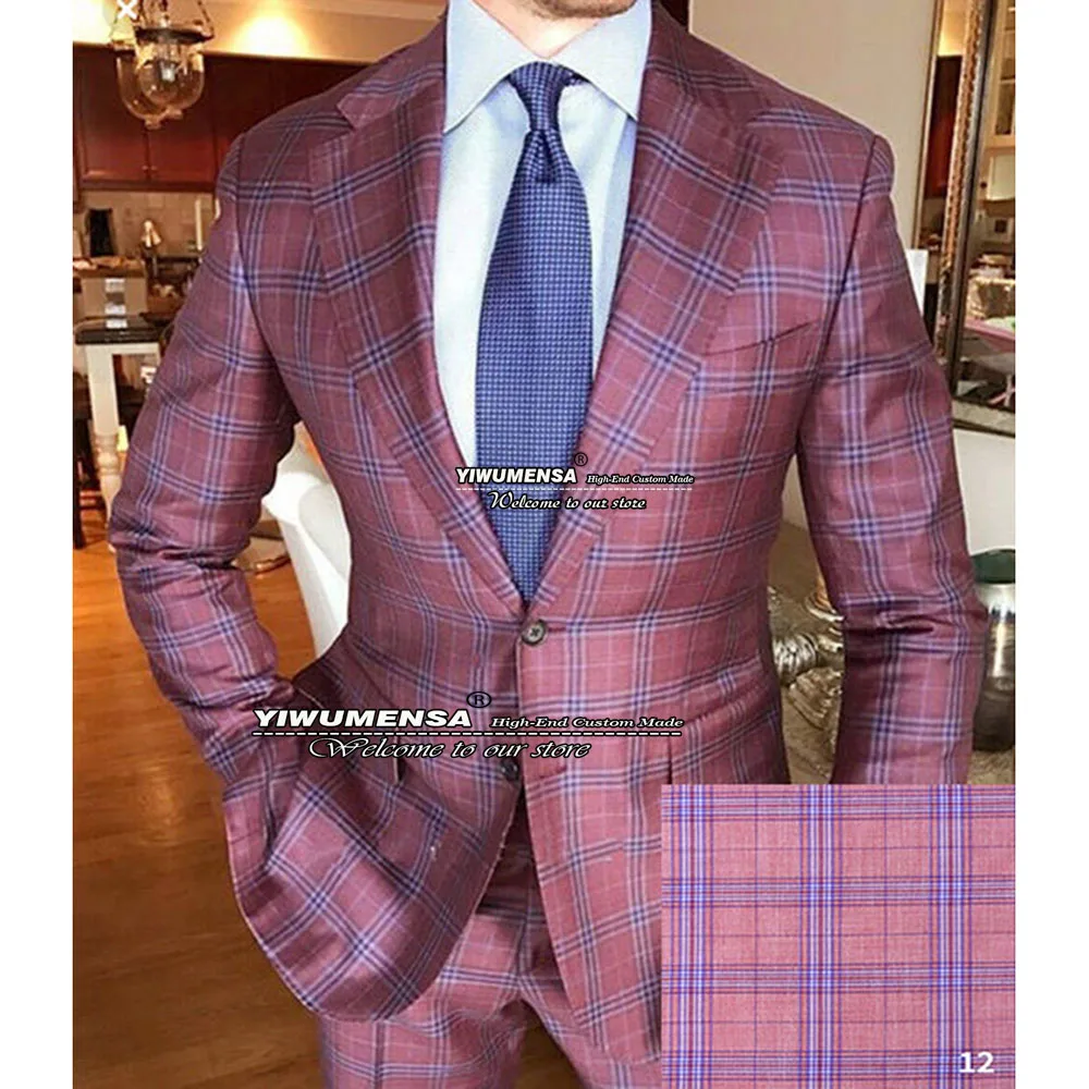 Formal Men Suits Windowpane Groom Wear Jacket With Pants Slim Fit Prom Party Daily Tailor-Made Business Blazers Coat mens suits