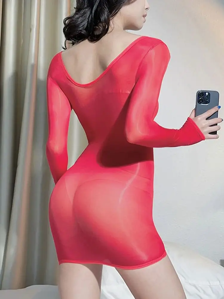 

Glossy Shiny Long Sleeve Hot Dress Bodystocking Transparent Sexy Dresses Vestido Tights Package Hip Minifalda Miniskirt Clubwear