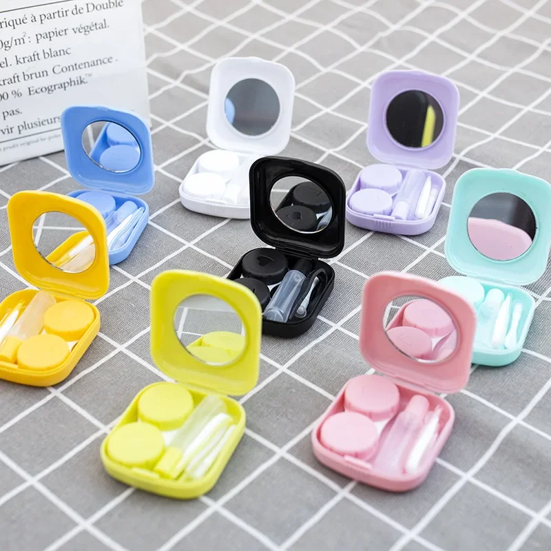 Compact Purple Pink Contact Lens Case Set with Mirror - Stylish and Portable Eyewear Storage Kit