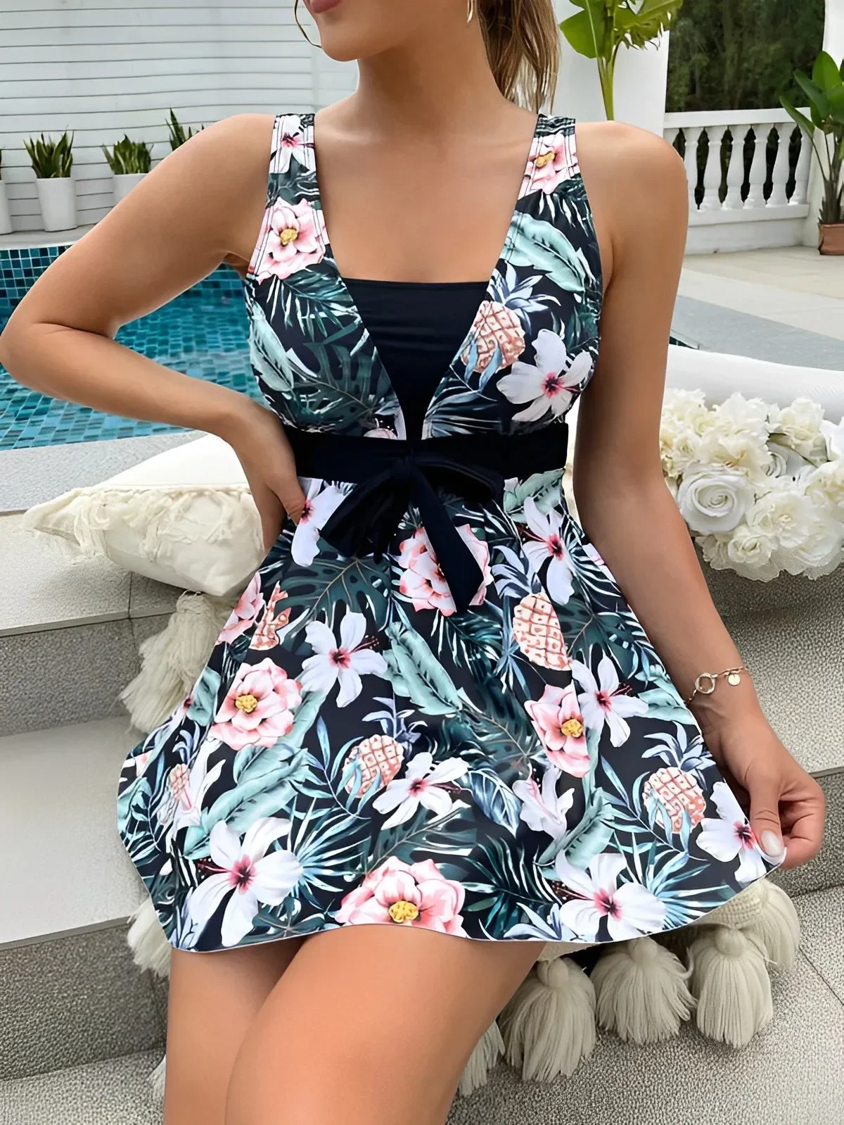 

One-piece Swimsuit Women Skirt Swimsuit Push-ups Tropical Print Swimsuit Dress Beachwear Hot Spring Swimming Suit for Women