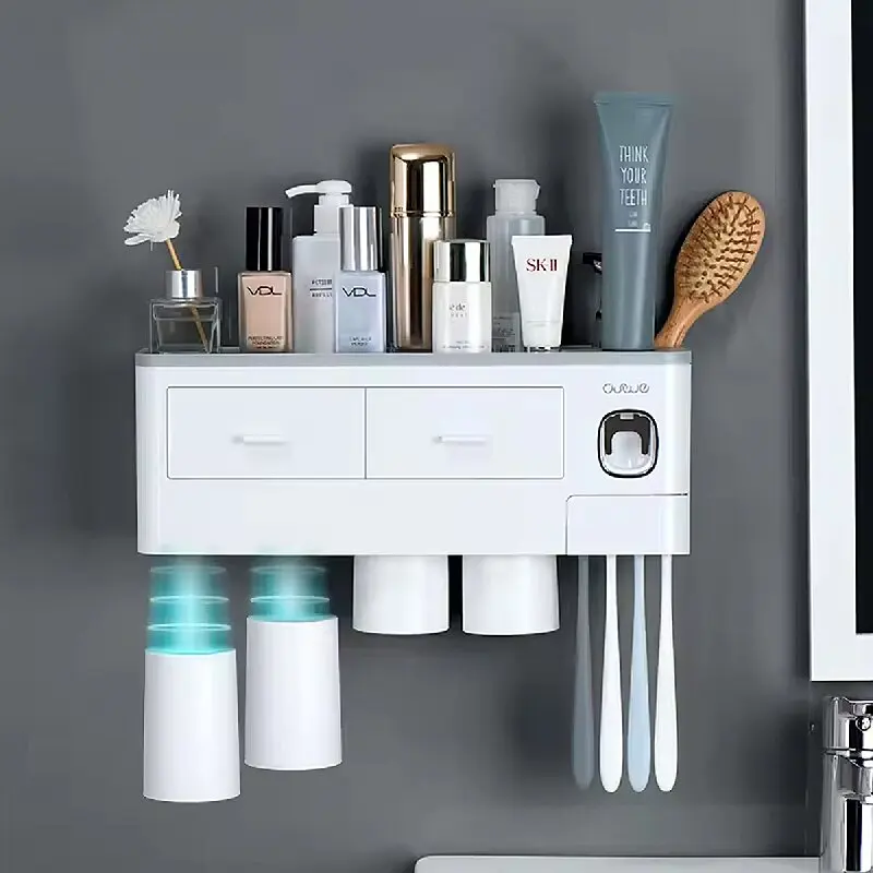 MENGNI Magnetic Adsorption Inverted Toothbrush Holder Wall Automatic Toothpaste Squeezer Storage Rack-Bathroom Accessory