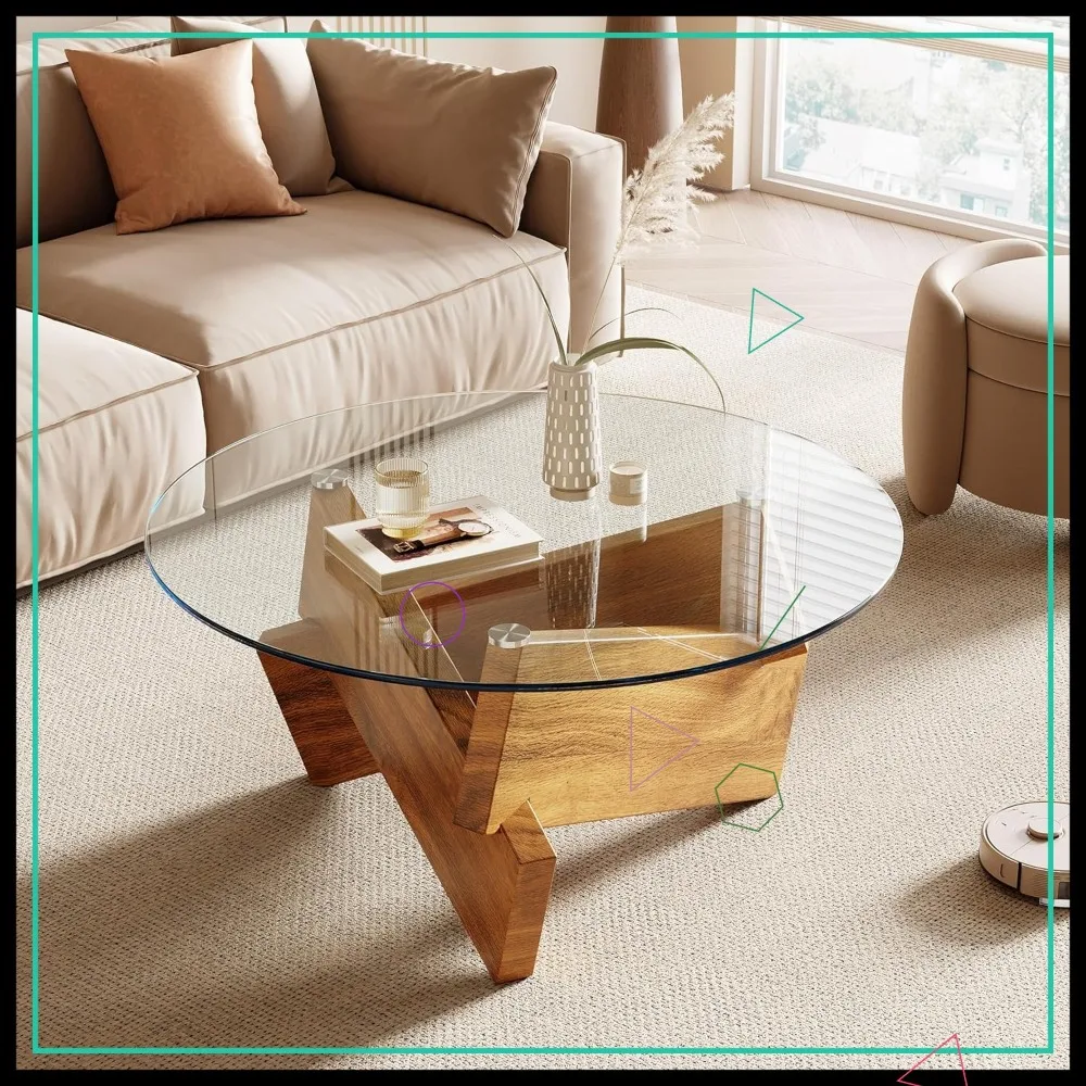 Modern Round Coffee Table with Tempered Glass Top, 30.7" x 30.7" x 16.1", Natural Wood for Living Room