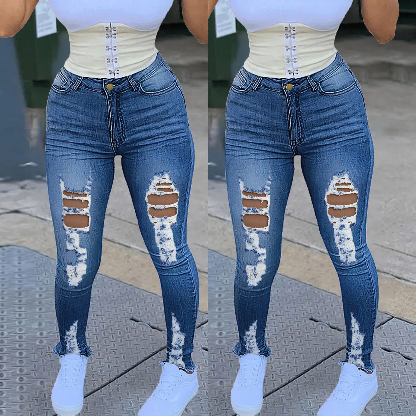 

2022 New jeans women's European and American cotton elastic torn holes stretch women's denim pencil pants jeans women