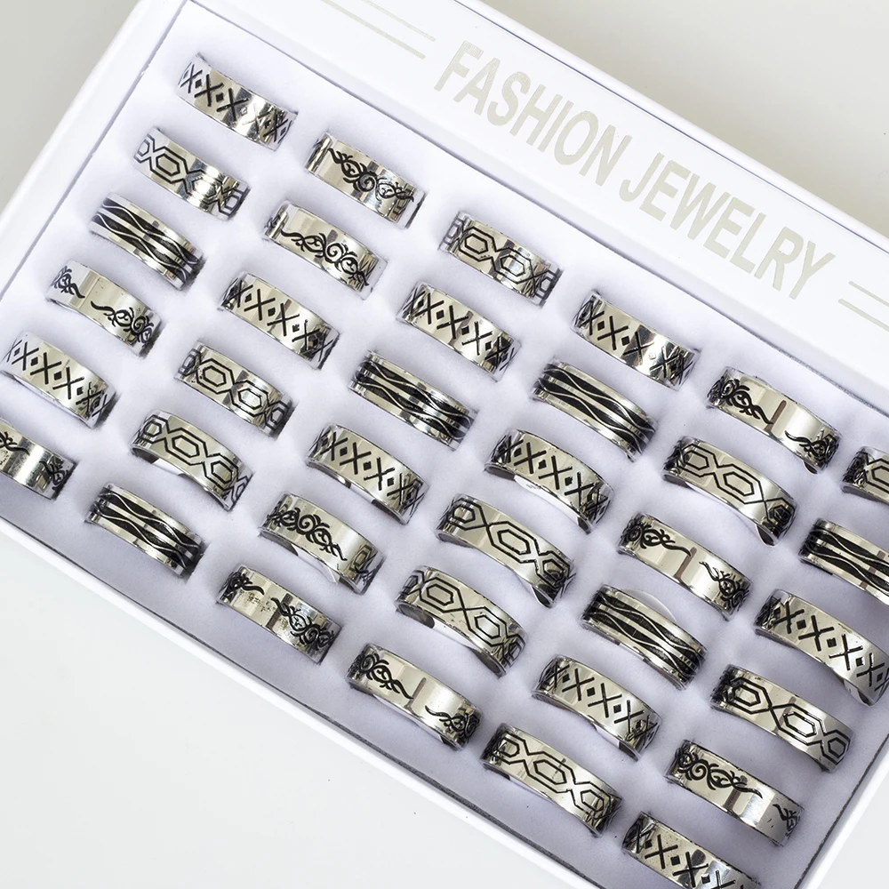 24 Pcs/Lot Vintage Hip Hop Stainless Steel Rings for Men and Women Black Printed Butterfly Geometric Fashion Jewelry