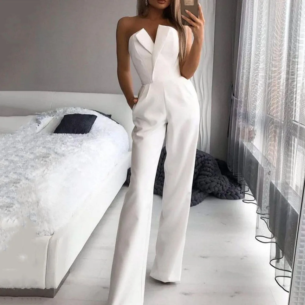 Long Rompers Women Jumpsuit Elegant Strapless Summer Sleeveless Wide Leg Club Party Outfits Lady White Overalls