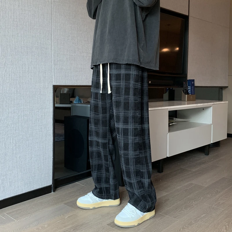 Wide Leg Pants Men Casual High Street Ins Fashion Plaid Korean Style Elastic Waist