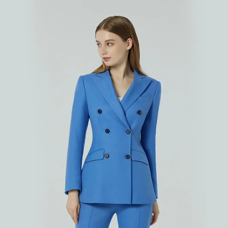 Tesco Blue Suits Sets For Women 2 Piece Office Pantsuits Double Breasted Blazer Jacket+Pants Slim Fit Uniform Female Pant Sets women blazer suits woman long sleeve double breasted notched jacket coat and pants work office ladies two piece blazer sets