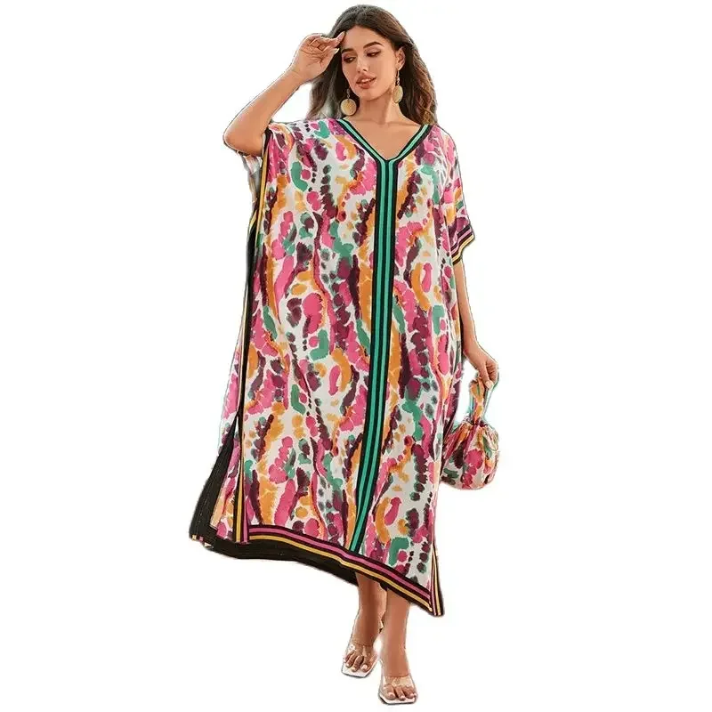 

Women Colorful Tie-dye Loose Cover-ups V Neck Pullover Bikini Coverall Split Hem Smock Female Casual Beach Sun Protective Robe