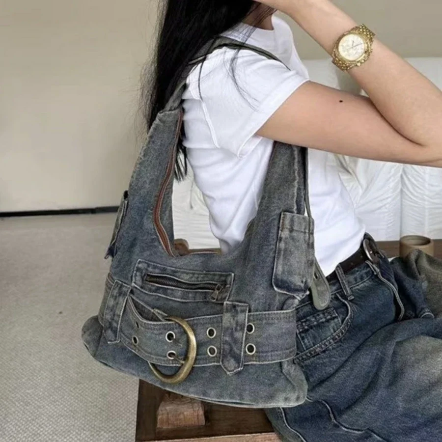 女性用ヴィンテージデニムショルダーバッグ,大容量ハンドバッグ