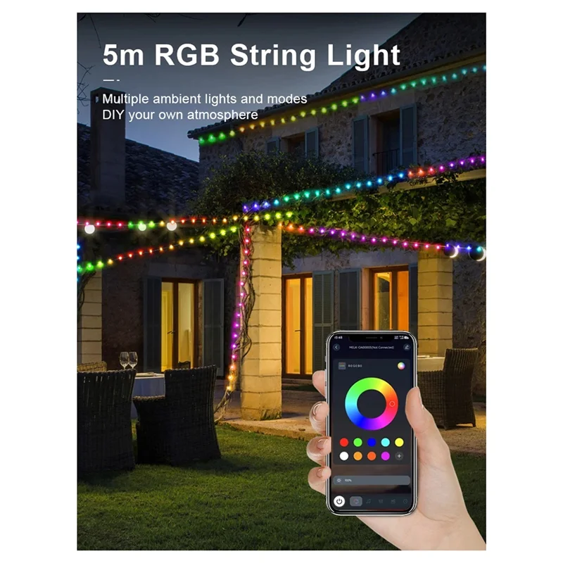 A69enachtlampje LED Night Light Smart APP RGB Camping String Lights Outdoor Waterproof Rechargeable Room Atmosphere Lamp 5M