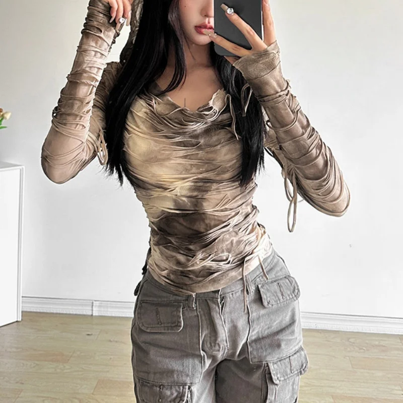 Wasteland Tops Mujer Y2K Ropa Tie Dye Estampado Rasgado Camiseta de Manga Larga con Capucha Ropa Cybercore de los 2000 Ropa Urbana