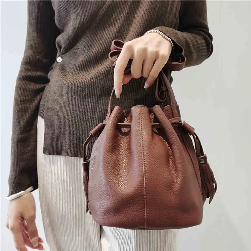 

Motingsome Soft Real Leather Women Bucket Bag Luxury Litchi Grain Cowhide Shoulder Handbag Ladies Retro Mini Tote 2022 Winter