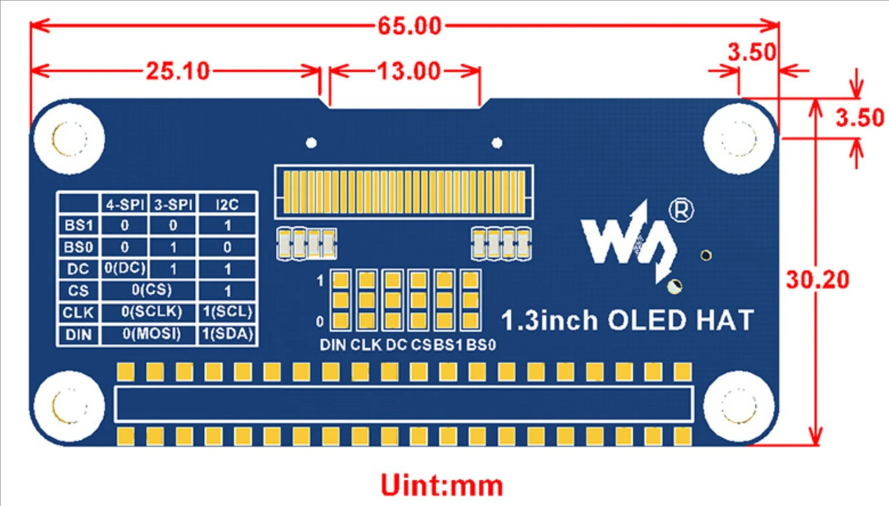 1.3inch OLED Display HAT For Raspberry Pi, 128x64 Pixels, SPI/I2C Interface