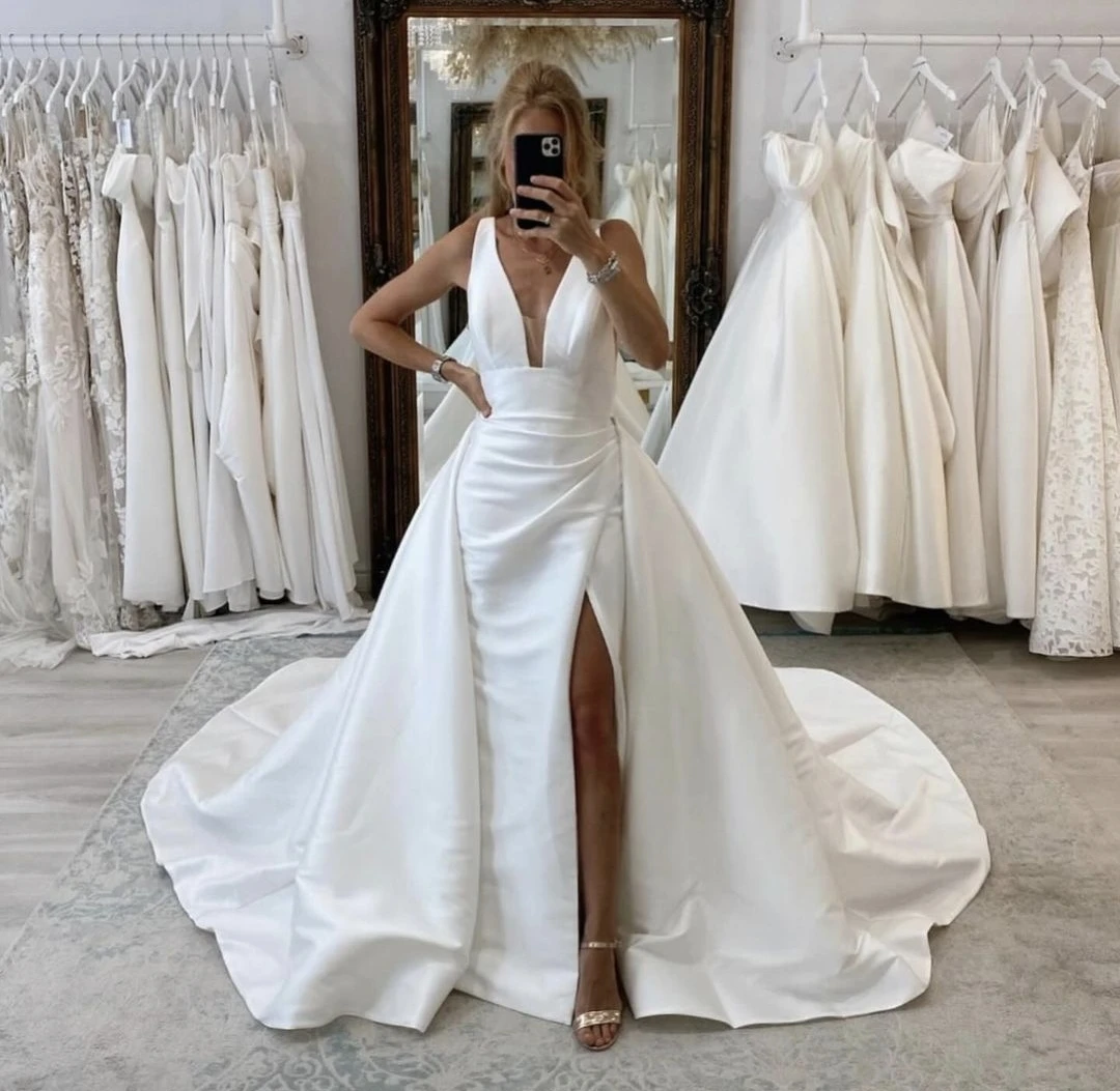 

Sexy Mermaid Wedding Dress V-Neck Backless For Women With Detachable Skirt Side Slit Bridal Gowns Customize To Measures Charming