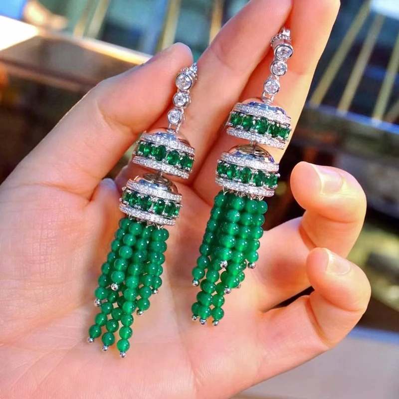 

Green Zircon Tassel Earrings For Women Fine Jewelry Luxury Party Elegant 925Sterling Silver With Cubic Zircon Free Shipping