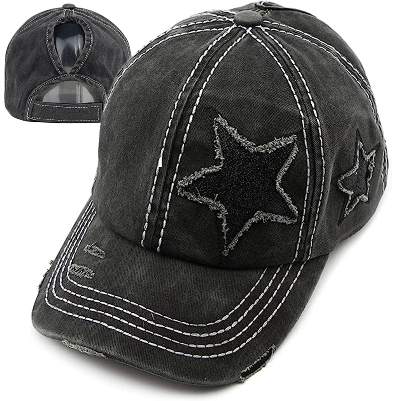 Y2K Washed Denim Hole Baseball Cap Sun Hat For Women Men Star Cotton Ponytail Caps Fashion Hip Hop Vintage Snapback Hats Gorros 6