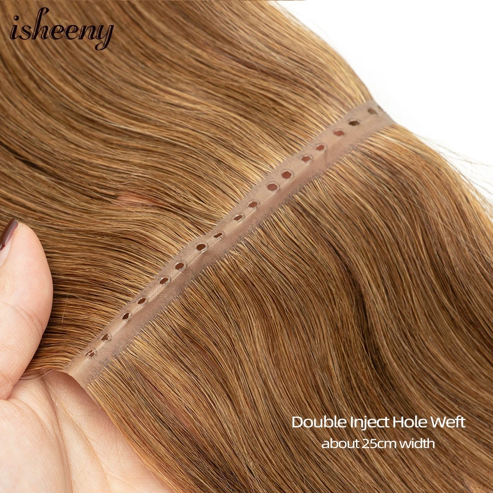 Invisible XO Hole Human Hair 12"-24" Flat PU Skin Weft Hair Extensions Natural Brown Micro Rings Hair Bundles 40-50g Isheeny