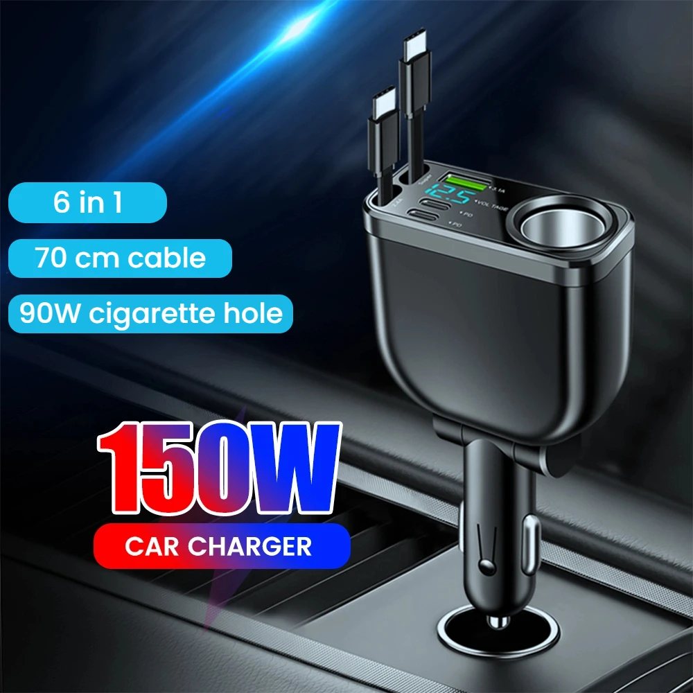 Chargeur de voiture 150W avec câble double rétractable de 70CM, charge rapide 6 en 1, pour iphone, Samsung, Huawei, Xiaomi